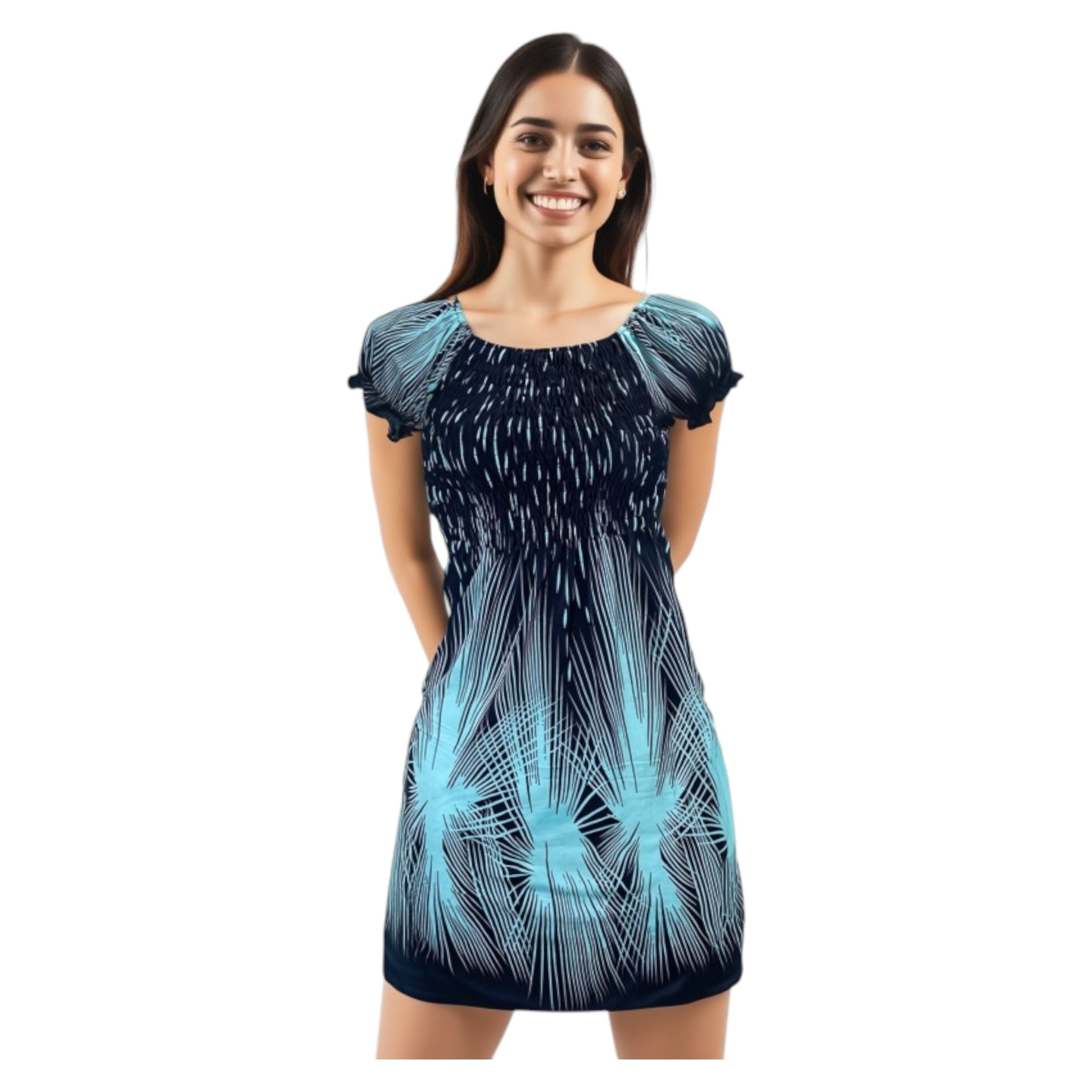 Women's navy and aqua tropical print summer dress with flutter sleeves – lightweight casual beachwear outfit